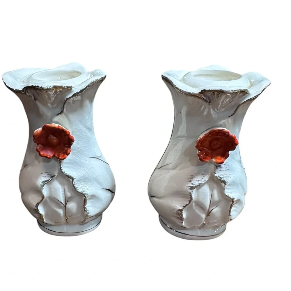 Vintage Japan Ceramic Taper Candle Holders‎ Pair Crackle Glaze Floral